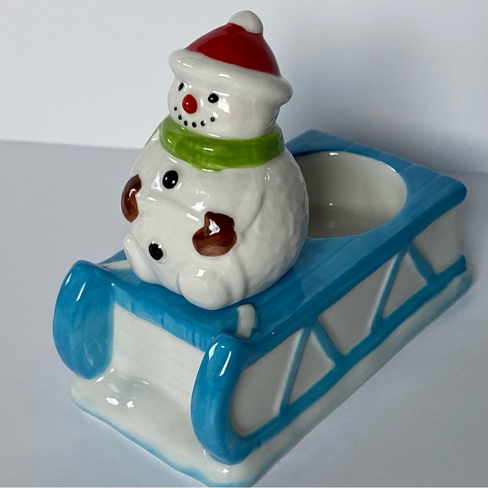 Yankee Candle Snowman Tealight Holder Sleigh Christmas Ceramic EUC Blue White